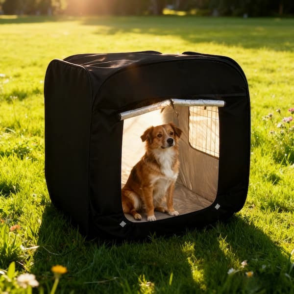 Dog sitting inside a black pet playpen on a grassy field