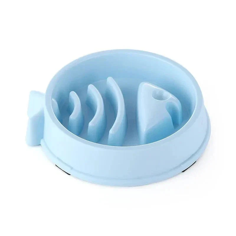 Anti-choking slow feeding bowl for dogs and cats in light blue with a non-slip base, designed to promote healthy eating and digestion.