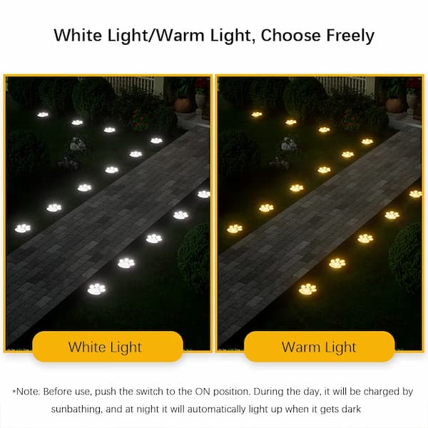 Two images showing outdoor paw print lights on a deck with white and warm light options.