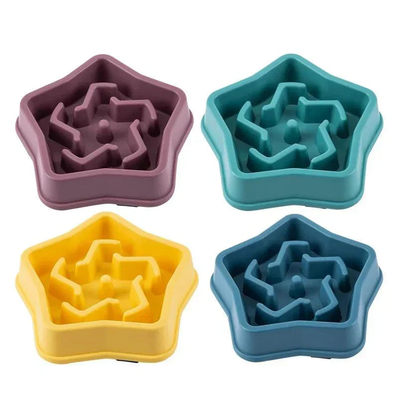 Anti-choking slow feeding bowl for dogs and cats in various colors, star design, promotes healthy eating.