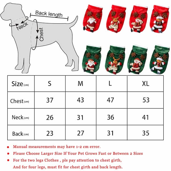 Measurement chart for dog clothing with sizes S, M, L, XL and corresponding measurements.