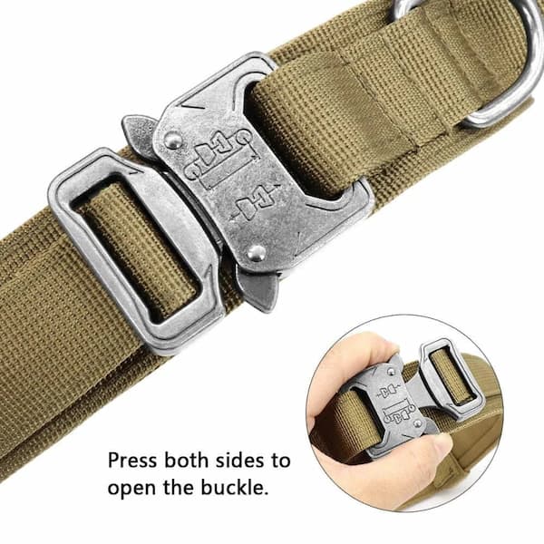 Tan dog collar with silver buckle and instructions on how to open the buckle.