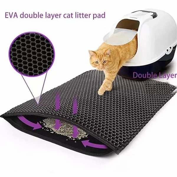 EVA double layer cat litter pad with a cat peeking out from a white hooded litter box.
