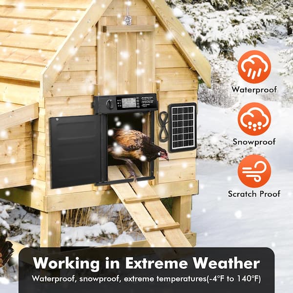 Wooden chicken coop with solar panels in a snowy outdoor setting, featuring icons for waterproof, snowproof, and scratch proof features.