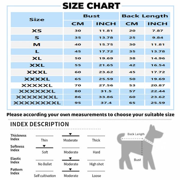 Size chart for clothing with measurements in centimeters and inches, including a silhouette of a dog for reference.
