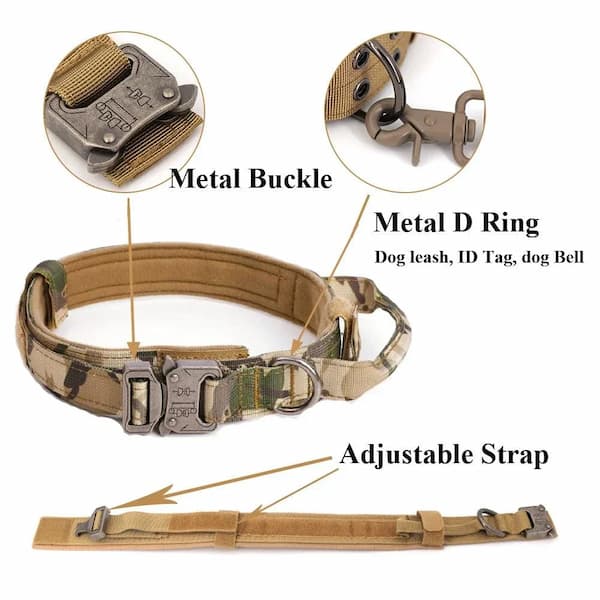 Camouflage dog collar with metal buckle, D ring, and adjustable strap on a white background.