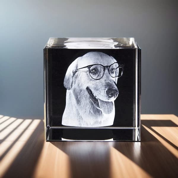 Crystal block with a dog's face wearing glasses on a wooden surface