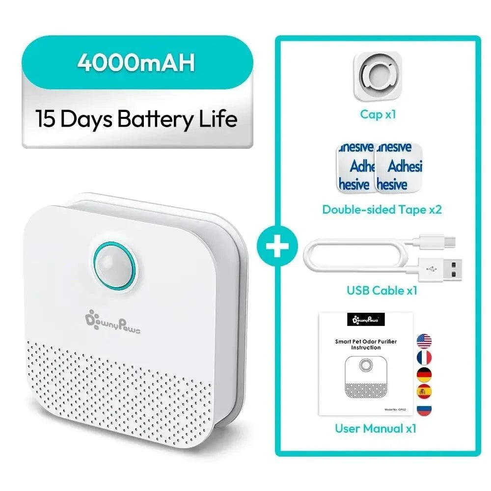 DownyPaws 4000mAh Smart Cat Odor Purifier – Rechargeable Litter Box Deodorizer and Air Cleaner for Cats and Dogs. Advanced Pet Odor Neutralizer.