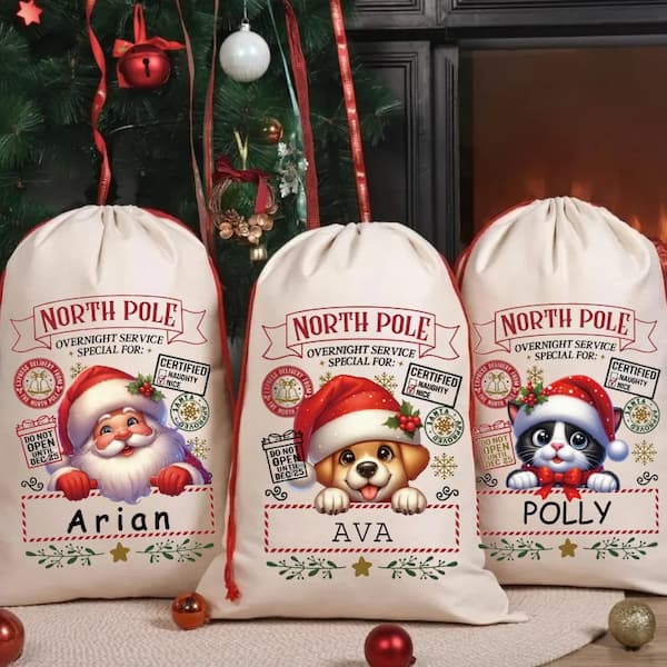 Three personalized Santa sacks with names Arian, Ava, and Polly against a Christmas tree background.