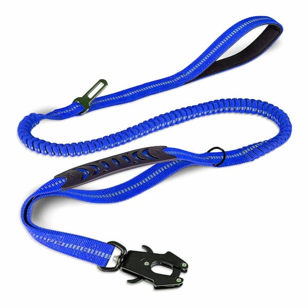 Blue Reflective tactical bungee dog leash with locking carabiner shock absorbing design adjustable length