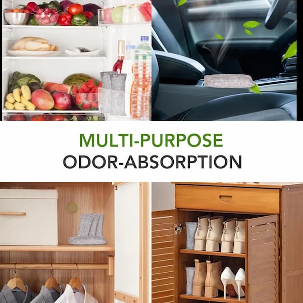 Multifunctional odor-absorbing product used in refrigerator, car, closet, and shoe cabinet.