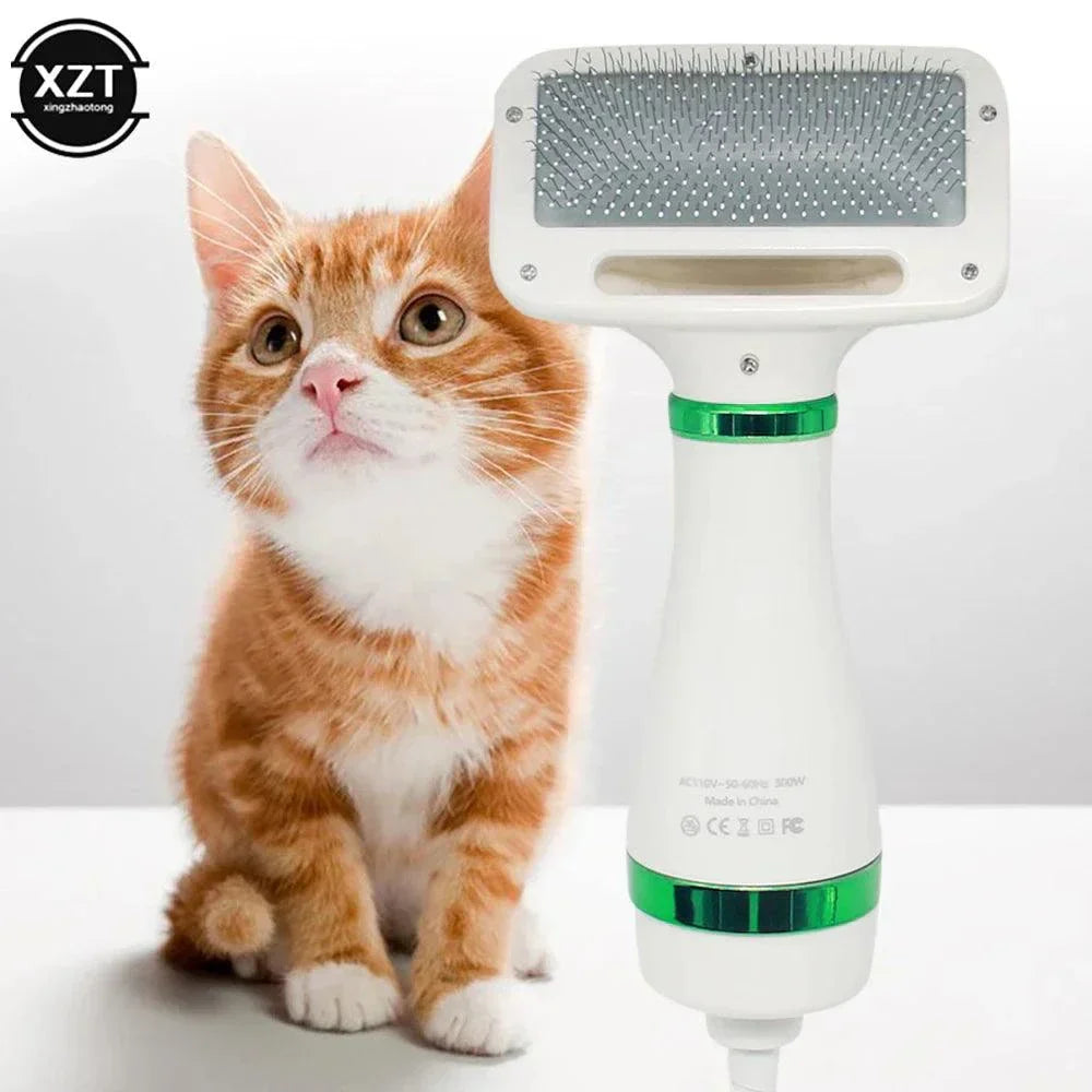 Pet hair dryer and grooming brush for cats and dogs with low noise and adjustable temperature features.