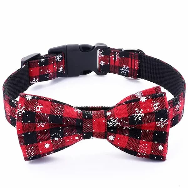 Red and black checkered dog collar with a bow tie on a white background