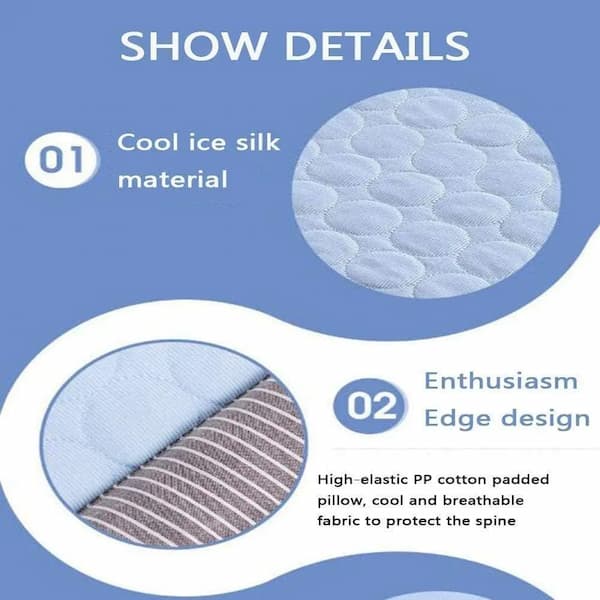 Product details of a cool ice silk material and high-elastic PP cotton padded pillow on a blue background.
