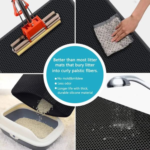 Collage of a litter mat with cleaning tools and text highlighting its benefits.