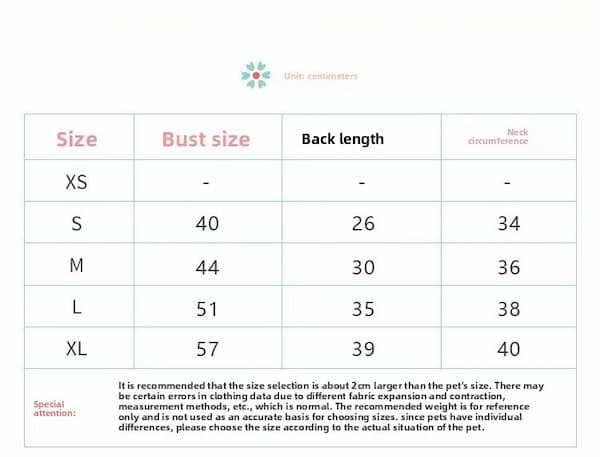 Size chart for clothing with bust size, back length, and chest circumference measurements.