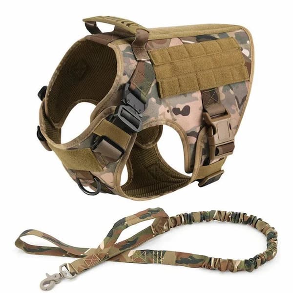Camouflage dog harness and leash set on a white background