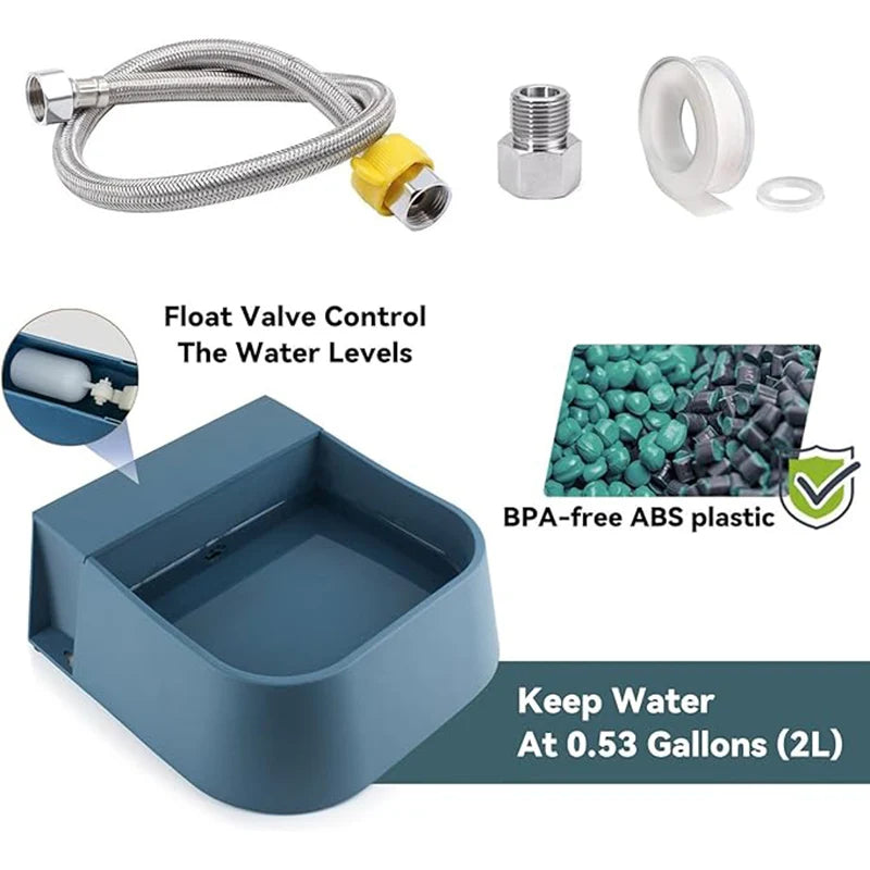 Automatic Outdoor Pet Water Dispenser with 2L self-filling bowl and 1.5m garden hose. Provides fresh water for dogs, cats, chickens, rabbits and outdoor pets. Summer pet hydration solution.