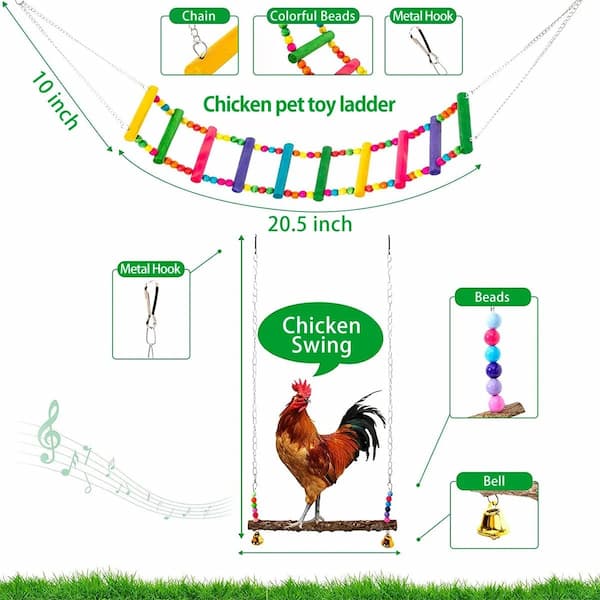 Chicken pet toy ladder with colorful beads, metal hook, and bell on a white background.