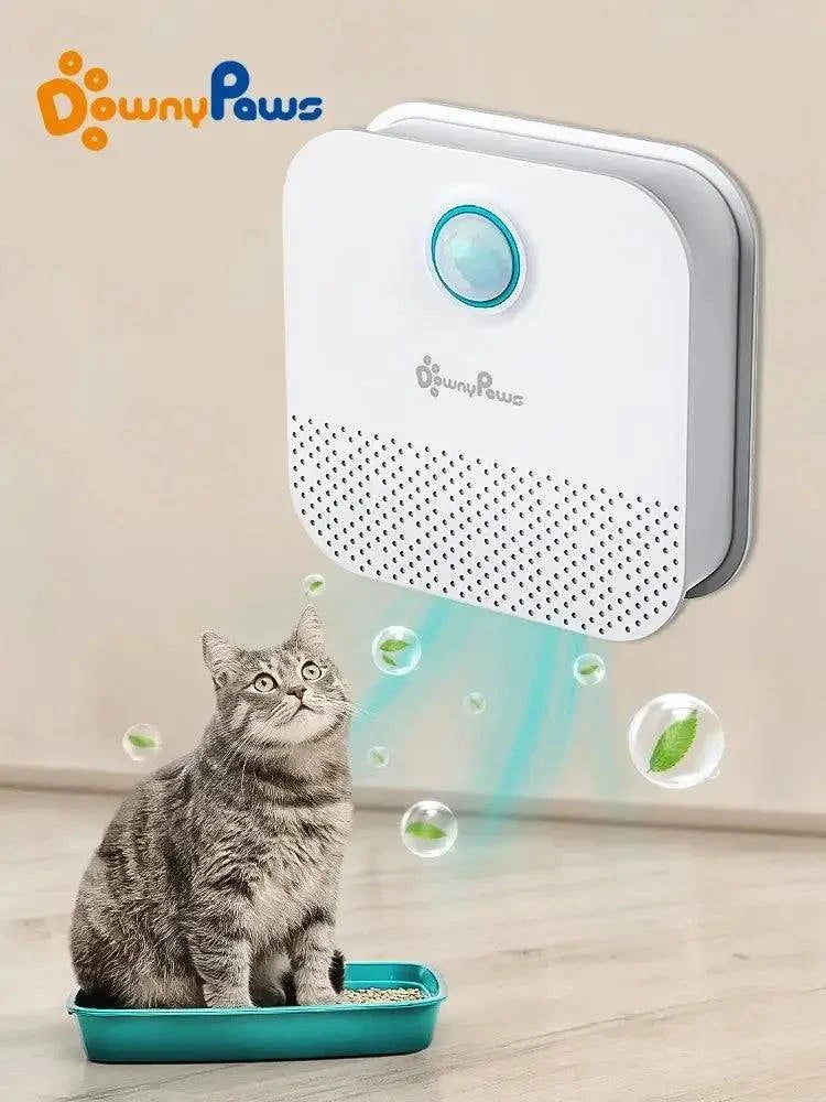 DownyPaws Smart Odor Purifier in use above cat litter box – Jo’s Pet Deals"