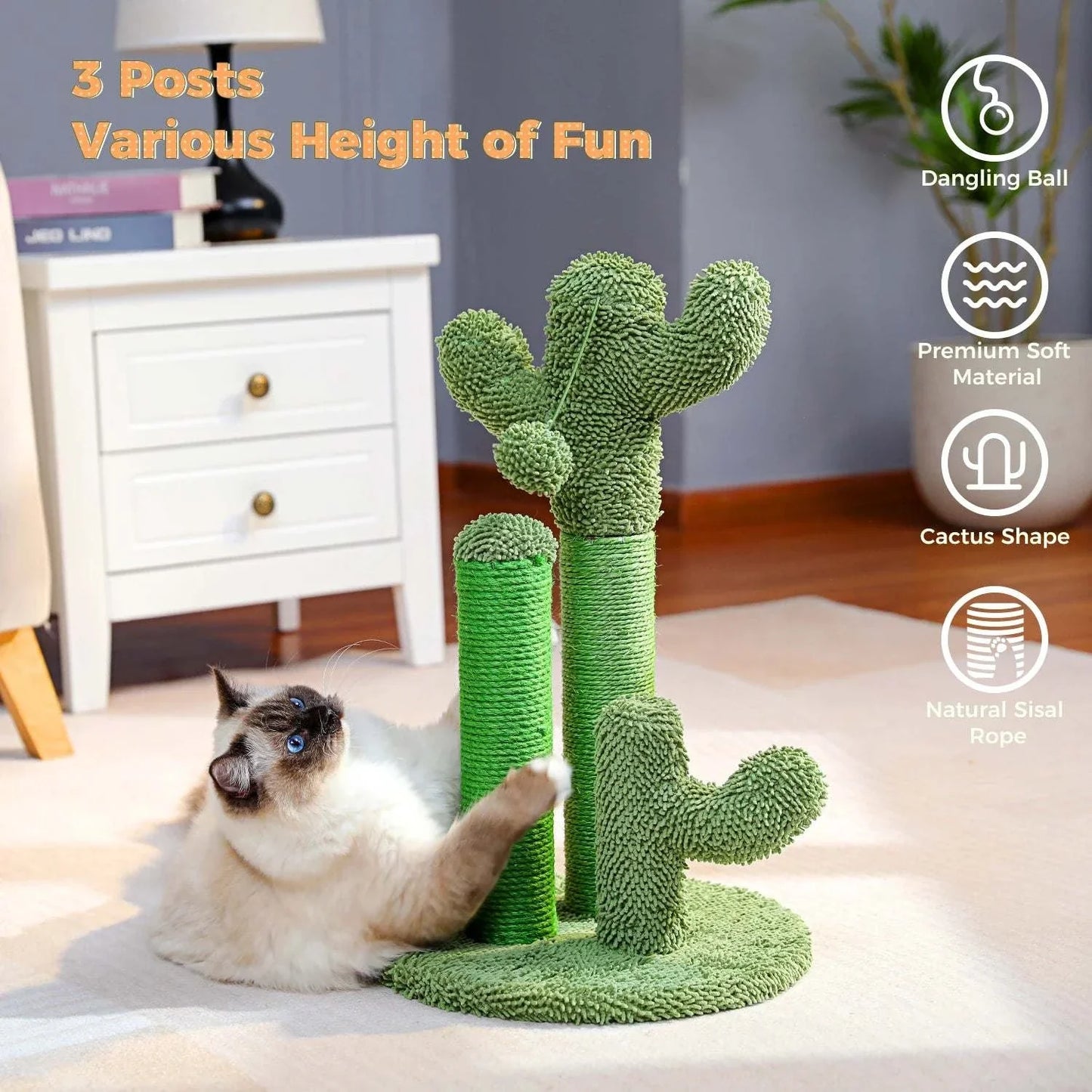 Cactus Cat Scratcher - Durable Cat Scratching Post with 3 Poles & Interactive Dangling Ball | Fun Cat Furniture