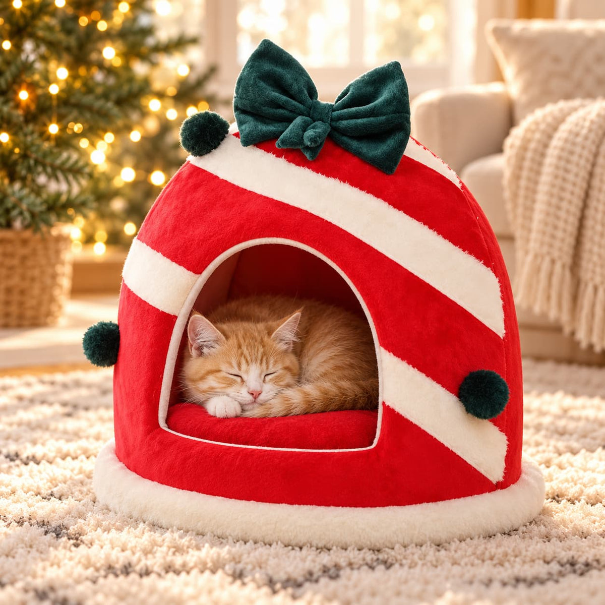 Ginger kitten sleeping inside a red and white Christmas cat cave bed with a green bow and plush pom-poms.