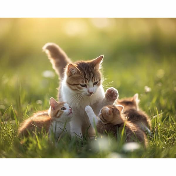 Cat playing with kittens in the sun in a field.