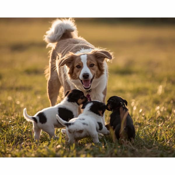 Mother dog with her puppies in a grassy field