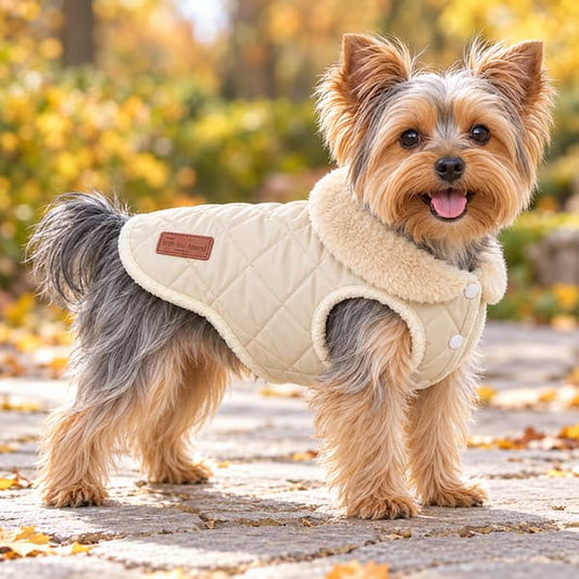 Yorkshire terrier wearing a beige quilted winter coat with a cream faux fur collar on an autumn park path.