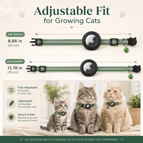 Adjustable reflective AirTag cat collar sizing guide showing kitten and adult cats wearing lightweight safety collars with adjustable fit measurements