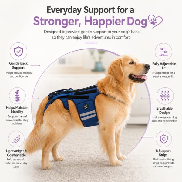 Golden Retriever wearing an adjustable dog back brace with illustrated benefits including gentle back support, breathable design, adjustable fit, lightweight comfort and eight support strips
