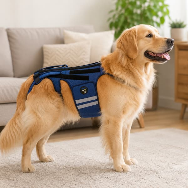 Golden Retriever wearing an adjustable dog back brace for everyday spine support while standing comfortably indoors in a modern home