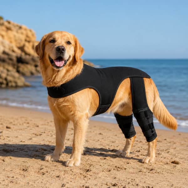 Golden Retriever wearing an adjustable dog hip and rear leg brace on a beach to support mobility and everyday comfort