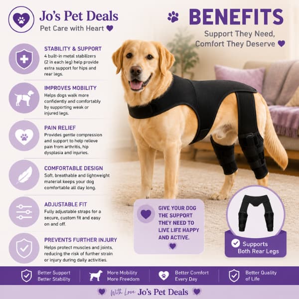 Benefits of an adjustable dog hip and rear leg brace showing dual hind leg support, improved mobility and all-day comfort
