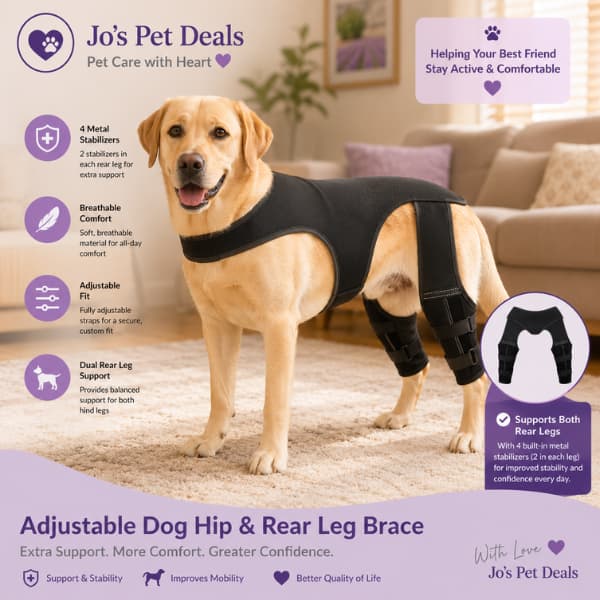 Adjustable dog hip and rear leg brace providing dual hind leg support with four metal stabilizers for improved mobility
