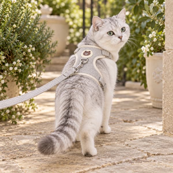 Silver and white cat wearing a grey adjustable harness with matching leash in a garden.