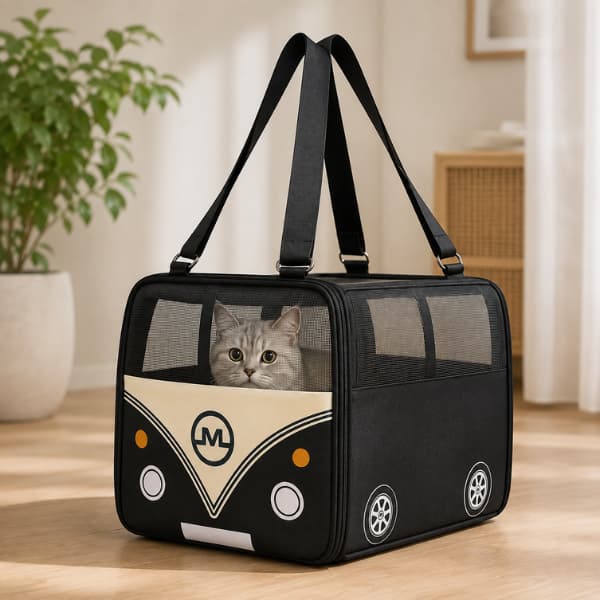 Black Adventure Bus pet carrier with a cat inside, featuring breathable mesh panels, comfortable shoulder straps and a spacious travel design for cats and small dogs up to 10kg.