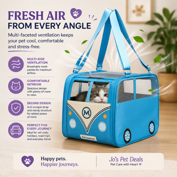 Adventure Bus pet carrier with multi-side breathable mesh ventilation, providing fresh airflow and comfortable travel for cats and small dogs up to 10kg.