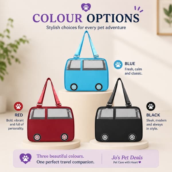 Adventure Bus pet carrier available in blue, red and black, showing the three colour options for breathable travel carriers suitable for cats and small dogs up to 10kg.