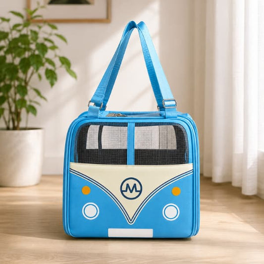 Blue Adventure Bus pet carrier with breathable mesh panels and comfortable shoulder straps displayed in a bright modern home, suitable for cats and small dogs up to 10kg.