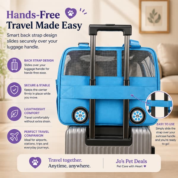 Adventure Bus pet carrier with integrated luggage strap securely attached to a suitcase handle, making hands-free travel easier for cats and small dogs up to 10kg.