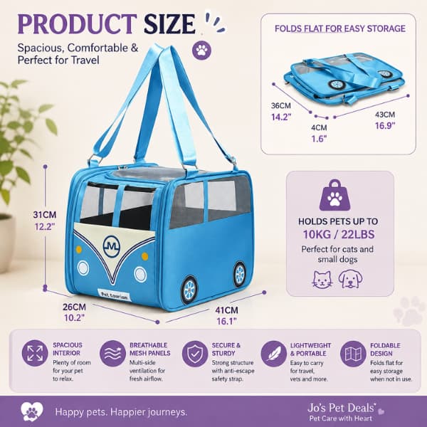 Adventure Bus pet carrier size guide showing dimensions, foldable storage design and suitability for cats and small dogs up to 10kg with breathable mesh ventilation and travel-friendly features.