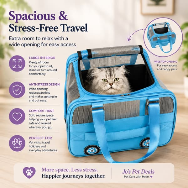 Adventure Bus pet carrier with spacious interior and wide top opening, providing a comfortable and secure travel space for cats and small dogs up to 10kg.