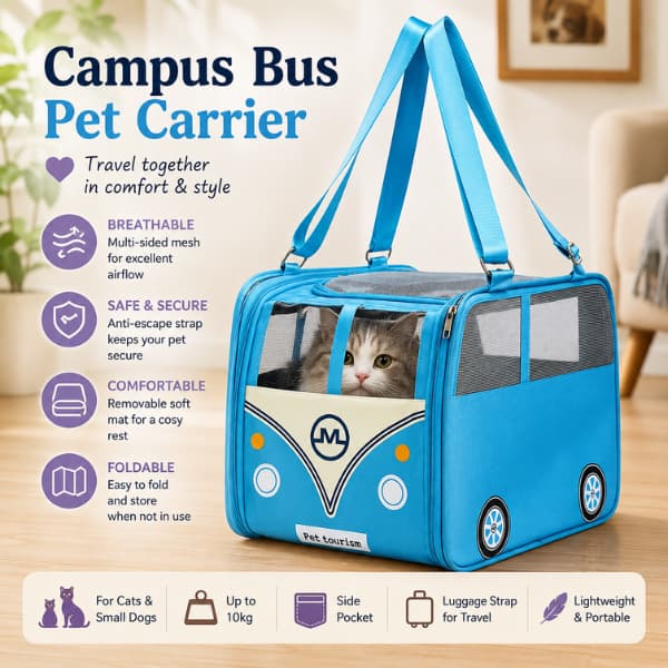 Adventure Bus Pet Carrier – Breathable Travel Carrier for Cats & Small Dogs (Up to 10kg)