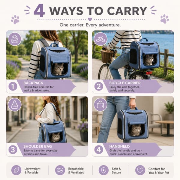 Infographic showing the four carrying options of the AdventureRide 4-in-1 pet travel carrier including backpack, bicycle carrier, shoulder bag and handheld modes for cats and small dogs.