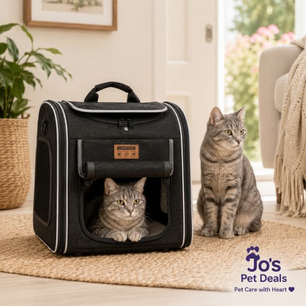 Black AdventureRide 4-in-1 pet travel carrier with a relaxed cat inside and another beside it in a cosy home, ideal for comfortable everyday pet travel.