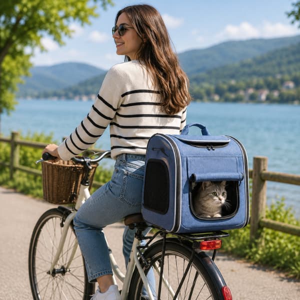 Blue AdventureRide 4-in-1 pet travel carrier attached to a bicycle with a cat enjoying a scenic outdoor ride beside a lake.