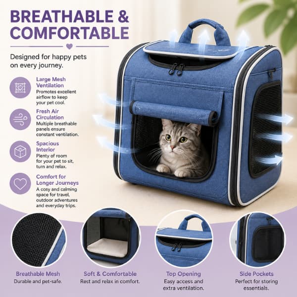 Blue AdventureRide 4-in-1 pet travel carrier with breathable mesh ventilation, spacious interior and comfortable design for cats and small dogs up to 7kg.