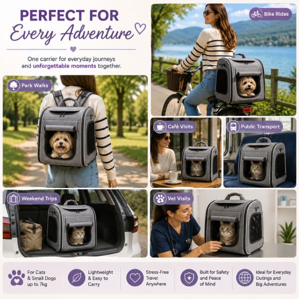 AdventureRide 4-in-1 pet travel carrier shown during bike rides, park walks, café visits, public transport, weekend trips and vet visits for cats and small dogs.