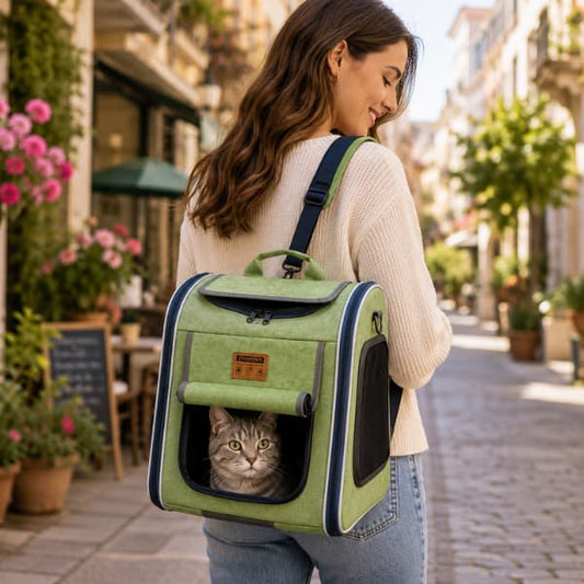 Green AdventureRide 4-in-1 pet travel carrier with a cat enjoying a walk through a charming European street, ideal for everyday travel and outdoor adventures.